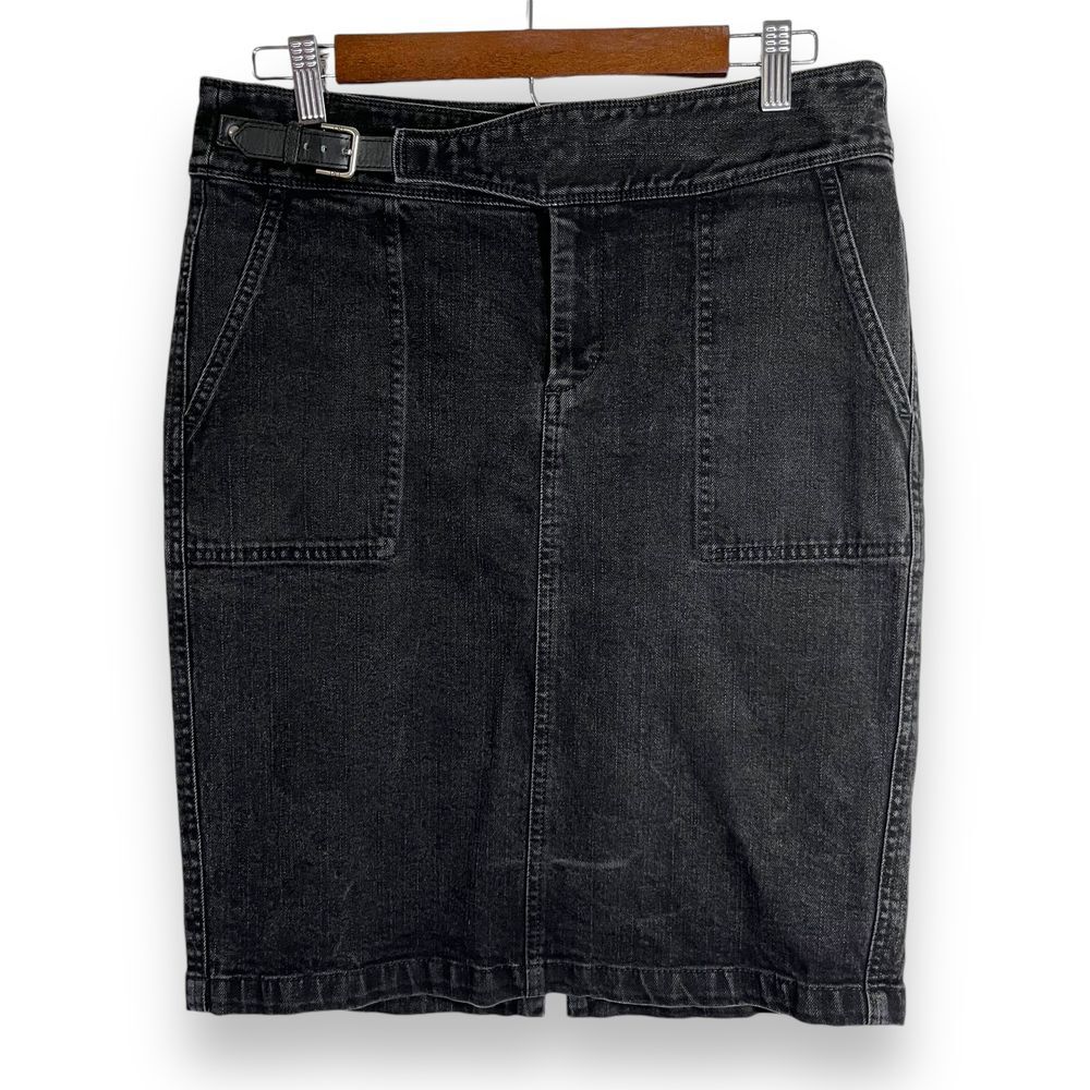 Lauren Ralph Lauren Vintage Black Denim Pencil Skirt Knee Length Buckle Womens 6